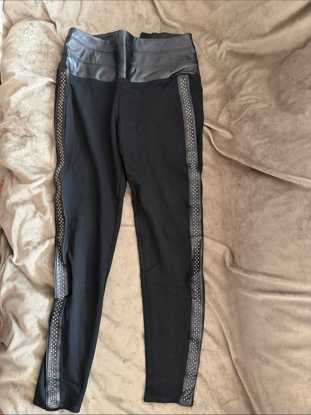 bebe Black Leggings with Faux Leather Waistband & Studded Side Strips